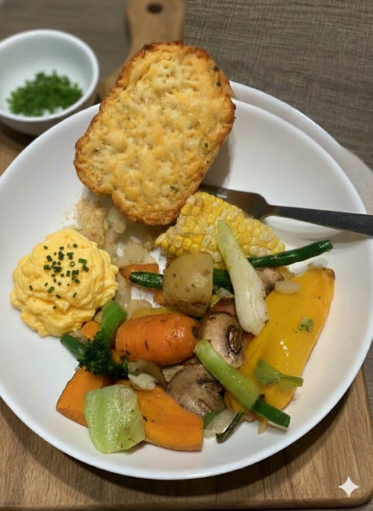 Golden scramble and roasted veg